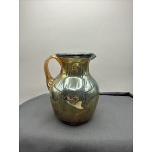 Vintage-Iridescent-Art-Glass-Pitcher-Amber- Blue Gold-Handblown-MCM-Decor-4.5"